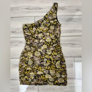 Zara One-Shoulder Dress in Yellow and Purple Floral